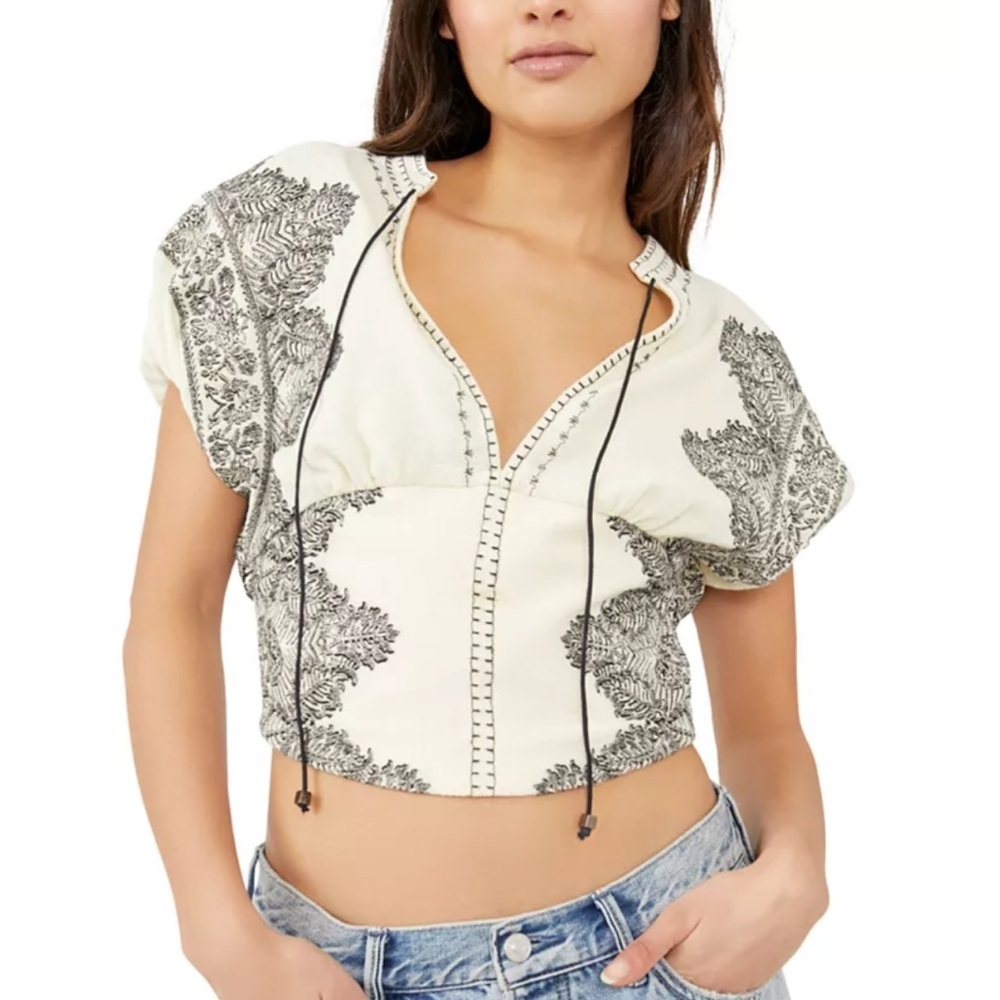 Free People Temecula Cream Top with Black Floral Embroidery - Picture 1 of 4